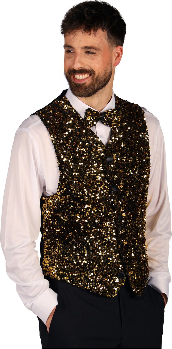 Paillettenvest - Gilet - Goud-Zwart - Heren - Maat M - Oud en Nieuw Gilet