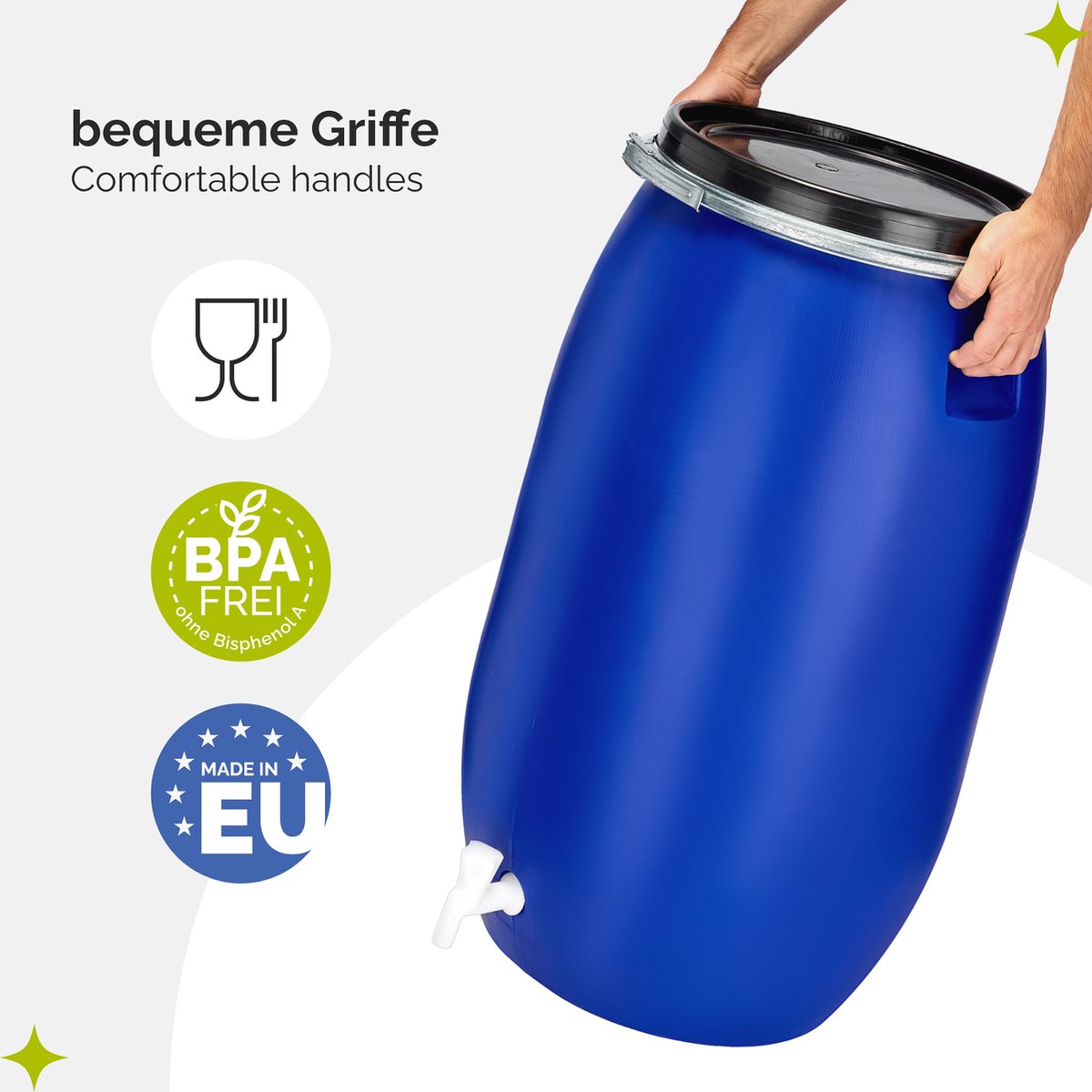 Garronda Set 2 x 60 liter regenton met deksel, brede hals van HDPE, regenvat, voederton, waterreservoir, universeel vat, watertank voor tuin