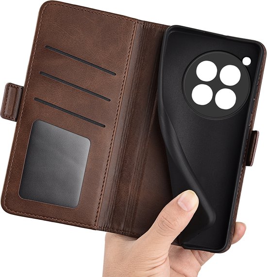 Bruin lederen telefoonhoes met interne TPU soft shell en vakjes.