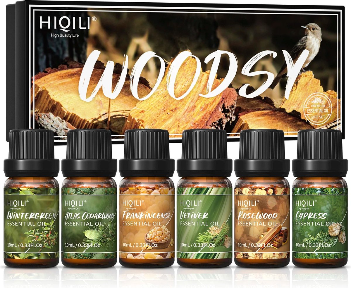 Goedkoopste Hiqili - Oliën Set-Woody Thema - Aromatherapie - Aroma diffuser Oliën - essentiële oliën - 6x 10ML - UV bestendigde flesjes