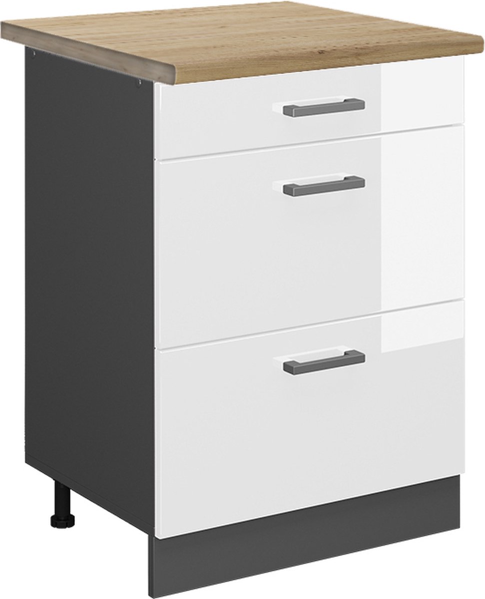 Vicco R-Line Keukenonderkast – 60 cm met laden, WB Eik Wit Hoogglans Wit Hoogglans/Antraciet