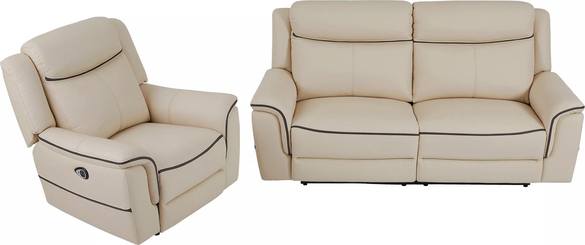 Vente-unique Elektrische driezitsrelaxbank en -fauteuil van beige leer ROVETO
