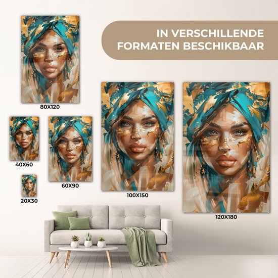 MuchoWow® Peinture sur verre 80x120 cm - Peinture sur verre acrylique - Femme - Portrait - Or - Luxe - Blauw - Photo sur verre - Décoration murale salon - Décoration murale chambre - Peintures