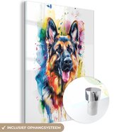 MuchoWow® Glasschilderij 90x120 cm - Schilderij acrylglas - Hond - Verf - Dieren - Kleurrijk - Duitse Herder - Foto op glas - Muurdecoratie woonkamer - Wanddecoratie slaapkamer - Schilderijen