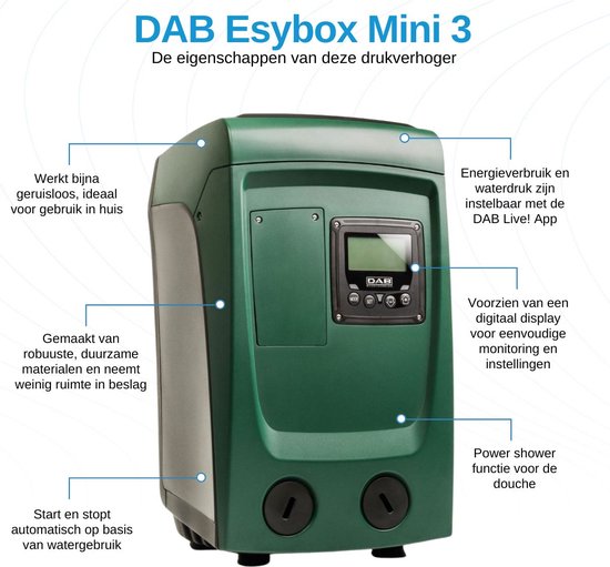 Donkergroene DAB Esybox Mini 3 drukverhoger met digitaal display, robuust en compact.