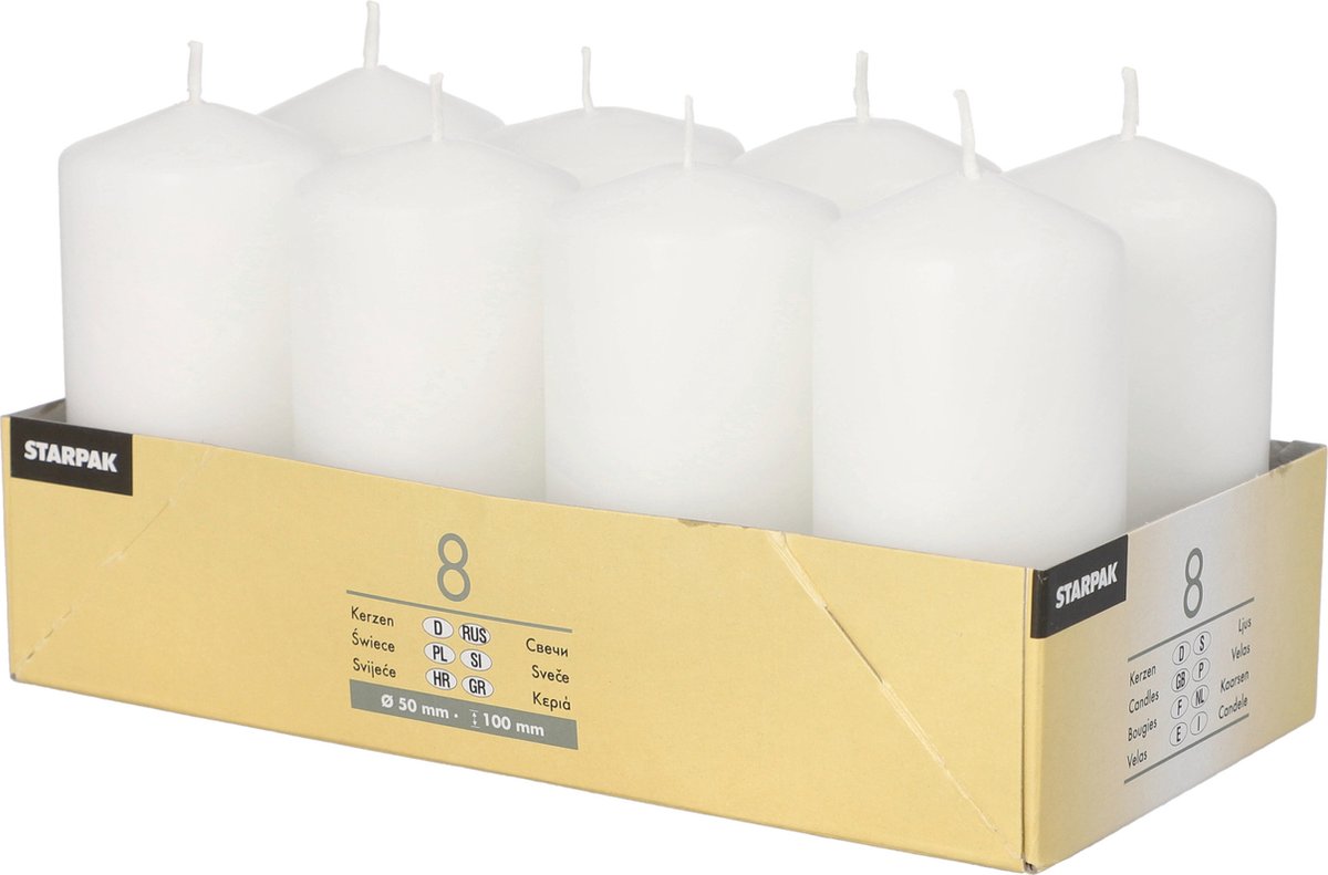 Conpax Candles Stompkaarsen/zuilkaarsen set van 8x - fris wit - D5 x H10 cm - 16 branduren