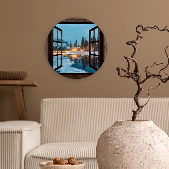 WallCircle® Wandcirkel 30x30 cm - Muurcirkel Doorkijk - Winter - Landschap - Natuur - Huis - Bergen - Muurdecoratie woonkamer - Wanddecoratie slaapkamer - Kamer decoratie accessoires - Ronde schilderijen