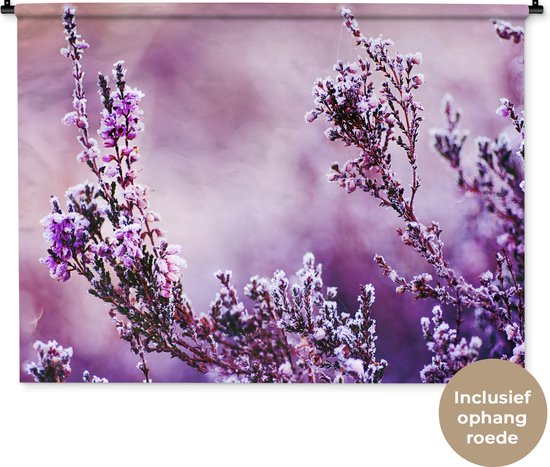 Paarse bloemen met vorst op takken tegen een wazige roze achtergrond. Inclusief ophangroede.