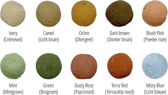 Tien ronde zaadbommen in verschillende kleuren met Nederlandse en Franse benamingen.