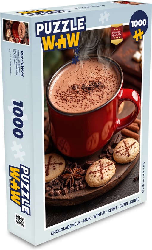 Boîte de puzzle PuzzleWow de 1000 pièces, illustrant un chocolat chaud dans une tasse rouge avec des biscuits.