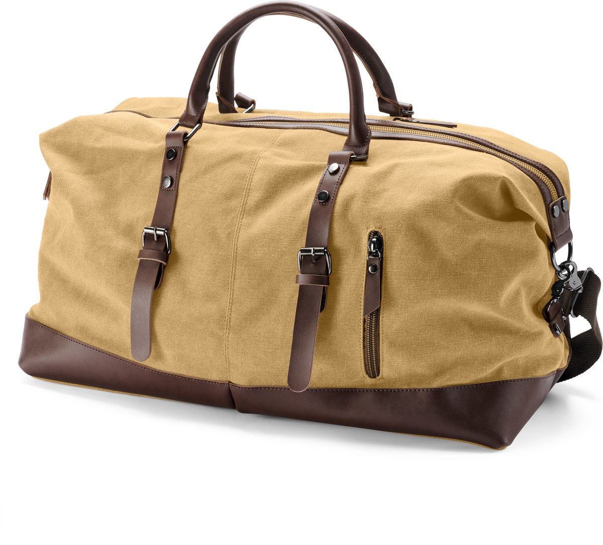 Weekendtas van mosterdgeel canvas en bruin leer