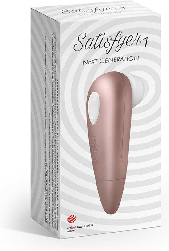 Verpakking van de Satisfyer 1 Next Generation met afbeelding van de rosegouden clitorisstimulator.