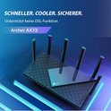Zwarte router met 6 antennes op een blauwe achtergrond. Tekst: 'Schneller. Cooler. Sicherer. Archer AX73.'