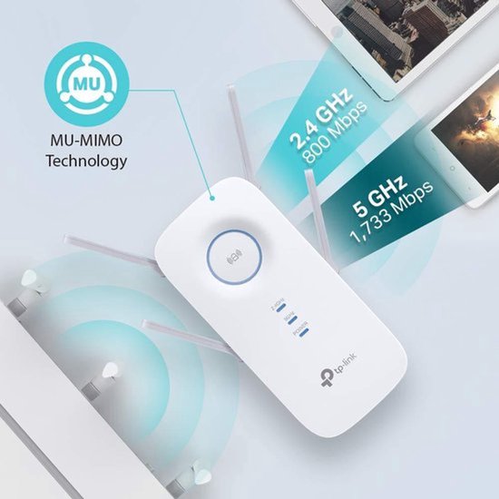 TP-Link RE650 WiFi Range Extender met MU-MIMO technologie die 2.4 GHz 800 Mbps en 5 GHz 1733 Mbps ondersteunt.