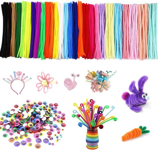600-delige Knutselset Met Pijpenragers, Pompons En Wiebeloogjes – 27 Kleuren, Ideaal Voor Creatieve Projecten Met Kinderen