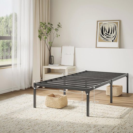 VECELO Bedframe 90 x 200 cm, metalen bed met dik hoofdeinde en