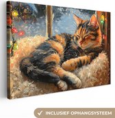 Canvas schilderij 150x100 cm - Wanddecoratie Kat - Kerst - Winter - Dier - Muurdecoratie woonkamer - Slaapkamer decoratie - Kamer accessoires - Schilderijen op canvas - Kerstdecoratie voor binnen - Kerstversiering - Kerstmis versiering