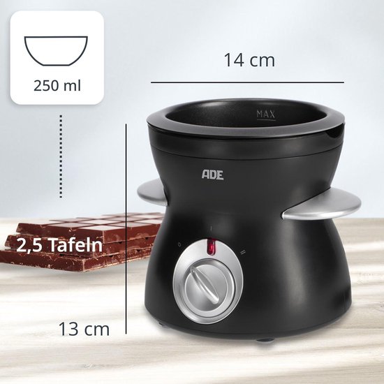 ADE Elektrische chocoladefondue 250 ml met 6 spiesen, dompelapparaat voor het smelten van chocolade en enveloppen, 2 temperatuurniveaus, perfect cadeau voor Valentijnsdag