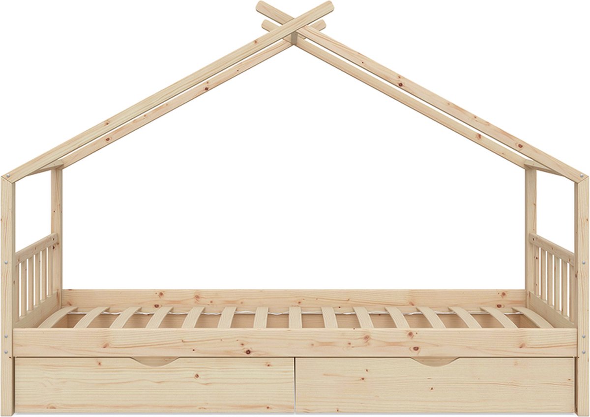 Vitalispa Design Huisbed – 90x200 cm met 2 laden Natuurlijk hout