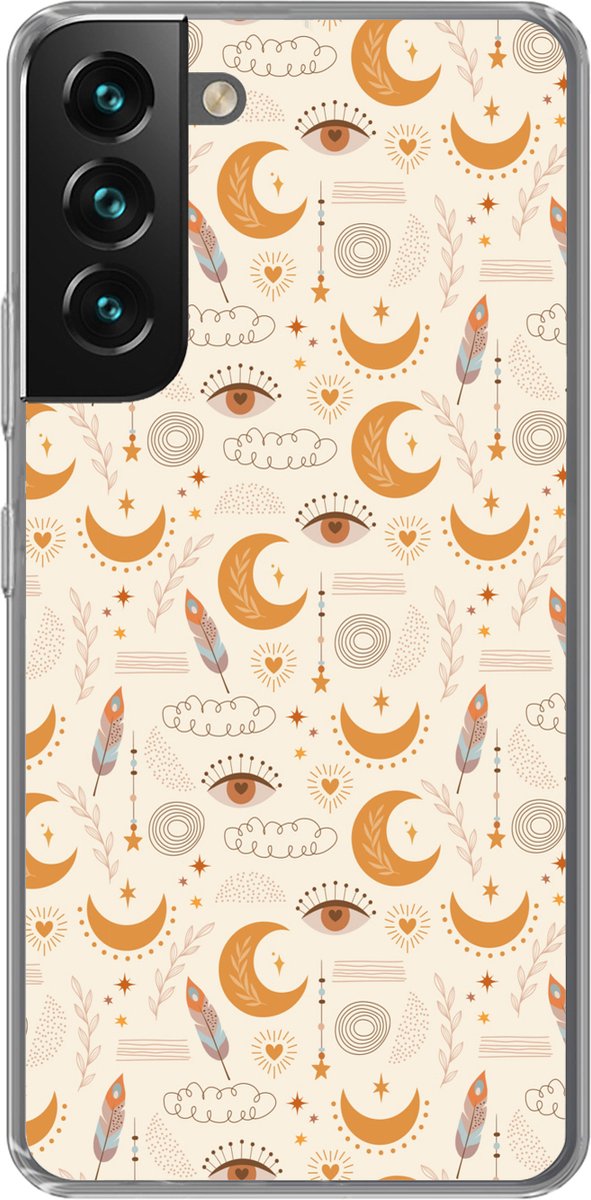 Telefoonhoesje Geschikt voor Samsung Galaxy S22 Plus hoesje - Boho - Print - Ogen - Maan - Veren - Beige - Siliconen Telefoonhoesje Telefoonhoesje