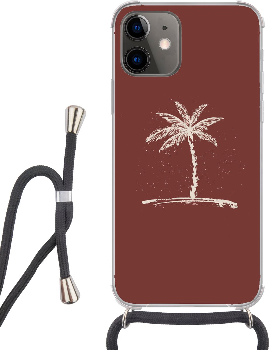 Telefoonhoesje Geschikt voor iPhone 12 - Palmboom - Beige - Rood - Tropisch - Siliconen - Crossbody - Backcover met Koord - Telefoonhoesje met koord - Hoesje met touw Telefoonhoesje