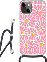Coque de téléphone compatible avec iPhone 13 - Motif Fleurs - Rose - Beige - Oranje - Siliconen - Bandoulière - Coque arrière avec cordon - Coque avec cordon - Coque avec corde