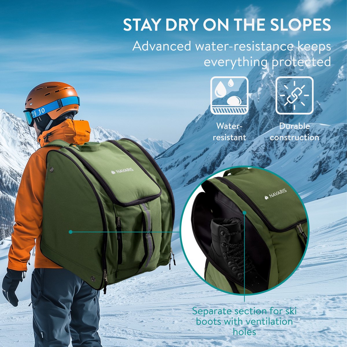 Navaris wintersport ski rugzak - Met 2 vakken voor je skischoenen - 46 x 40 x 38 cm - Met ventilatie - Waterbestendig materiaal - Skischoentas - Groen