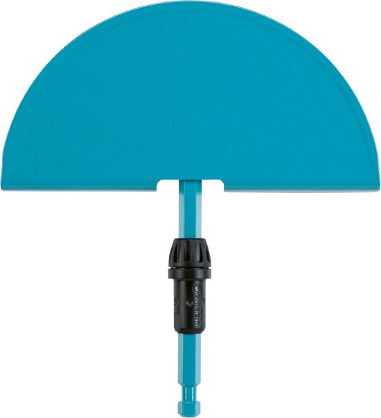 Turquoise halfronde grasafsteker met zwart handvat en zeskantige steel.