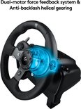 Zwart racestuur met dubbele force feedback en spiraalvormige tandwielen, getoond met blauwe animatie van interne mechanica.