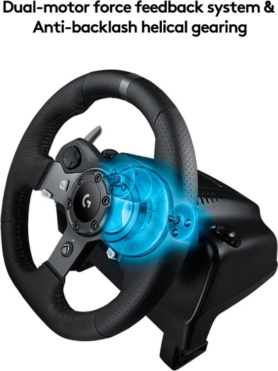 Zwart racestuur met dubbele force feedback en spiraalvormige tandwielen, getoond met blauwe animatie van interne mechanica.