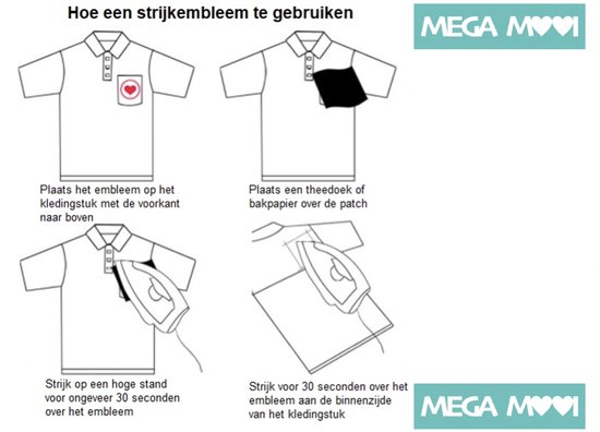 Instructies voor het aanbrengen van een "MEGA MOOI" strijkapplicatie.