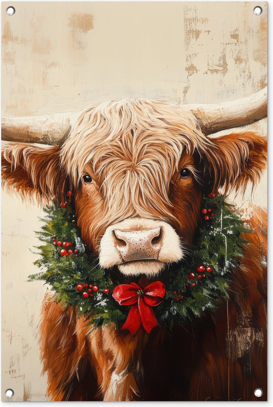 Tuinposter 60x90 cm - Tuindecoratie Kerst - Schotse Hooglander - Bruin - Krans - Poster voor in de tuin - Buiten decoratie - Schutting tuinschilderij - Tuindoek muurdecoratie - Wanddecoratie balkondoek