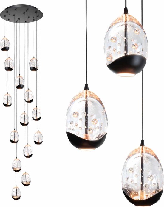 Suspension vide | Oeuf clair | 350 cm | 14 lumières | noir et transparent