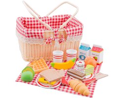 Woet® Houten Picknickmand Speelset - Compleet Picknick Rollenspel met 30+ Accessoires - Brood, Fruit, Drinken, Servies & Kleedje - Educatief Keukenspeelgoed - Vanaf 3 Jaar