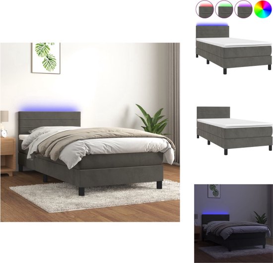vidaXL Lit - Sommier tapissier de Luxe avec LED - 203x90x78/88 cm - Gris foncé - Tissu velours - Lit