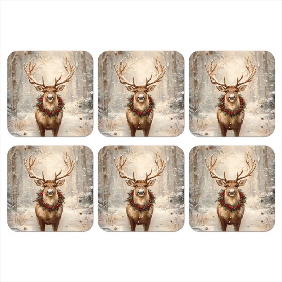 Sous-verres verres pour verres - Noël - Renne - Hiver - Couronne - 10x10 cm - Sous-verres en verre - 6 pièces