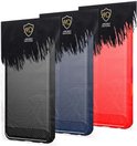 Drie telefoonhoesjes: zwart, blauw en rood, met geborsteld metaal en carbon-look textuur.