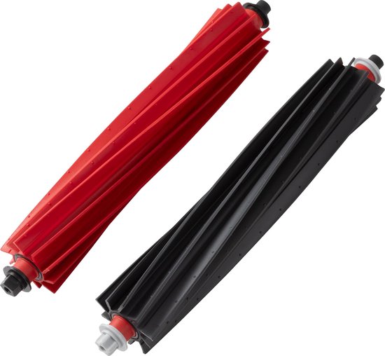 Twee opgerolde borstels, één rood en één zwart, met grijze en zwarte eindkappen.