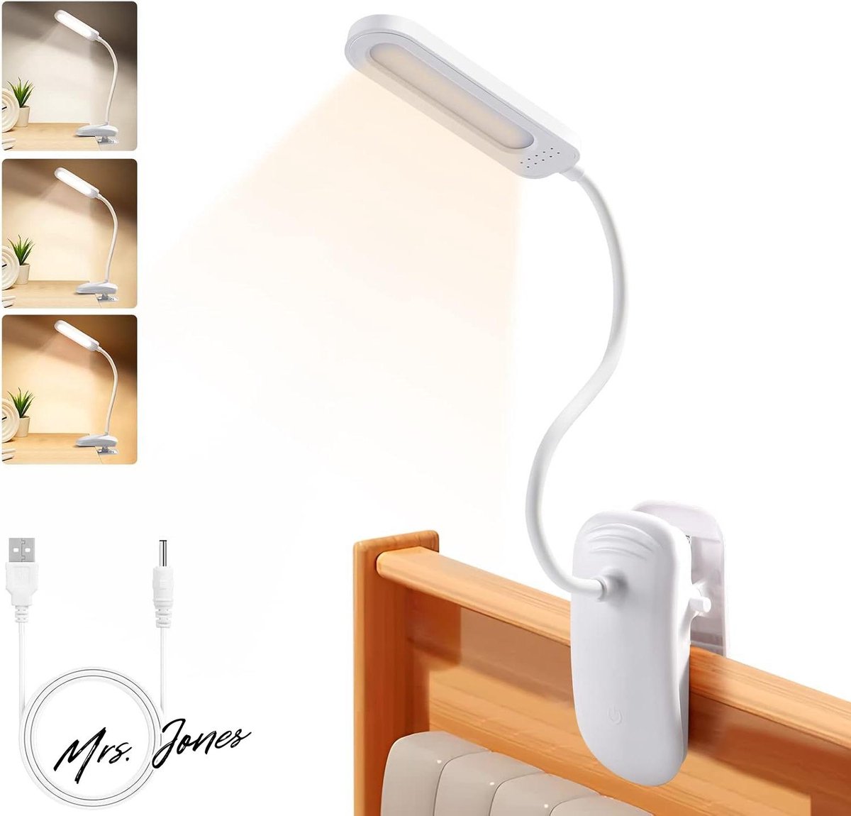Mrs. Jones Bureaulamp klem oplaadbaar led-leeslamp 360 graden flexibel clip voor kinderen 3 kleuren intensiteit instelbaar studie werk helderheid oogbescherming .