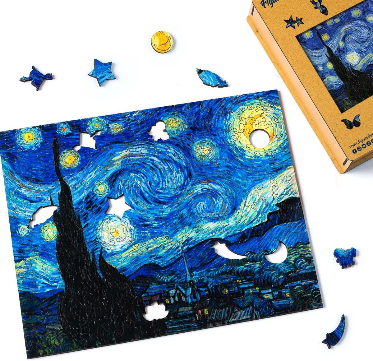 Figured'Art Houten Puzzel 200 Stukjes Volwassenen en Kinderen - De Sterrennacht van Van Gogh - Uniek Design 30,5x24,5 cm met Premium Houten Doos, Perfect als Cadeau