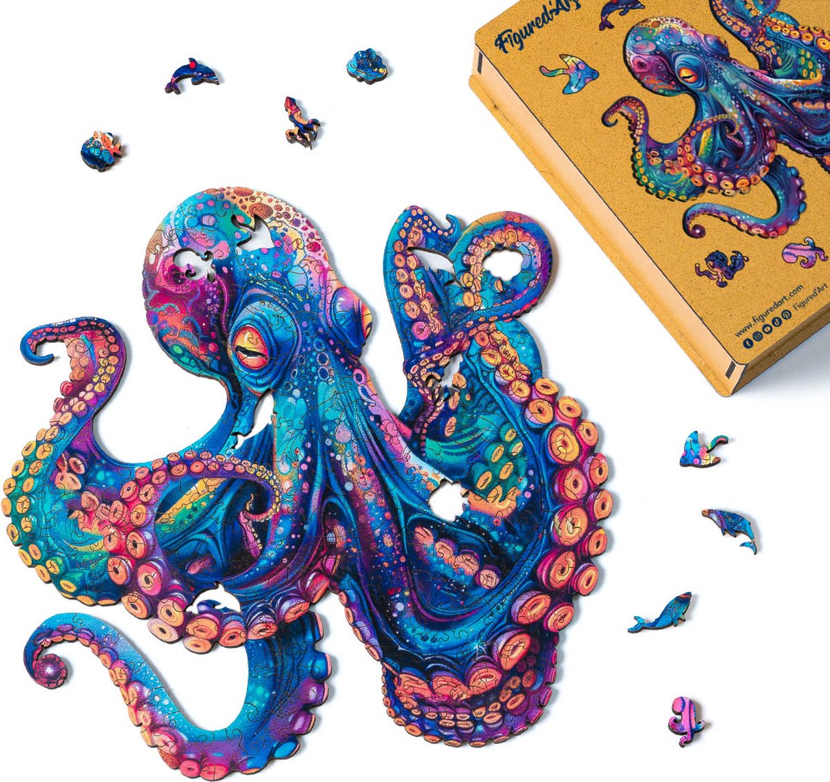 Figured'Art Houten Puzzel 200 Stukjes Volwassenen en Kinderen - Dieren - Kleurrijke Octopus - Uniek Design 28,4x28,5 cm met Premium Houten Doos, Perfect als Cadeau