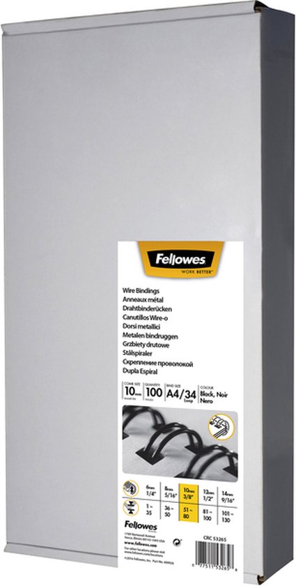 Doos met Fellowes bindruggen metaal 10 mm zwart, 100 stuks.