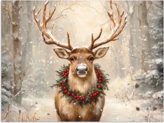 Poster 40x30 cm - Kerst - Rendier - Winter - Krans - Posters - Kamer decoratie - Wanddecoratie woonkamer - Muurdecoratie slaapkamer - Kerstversiering - Kerstdecoratie voor binnen - Kerstmis