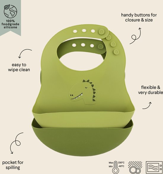 Trixie Afwasbaar slabbetje 2-pack Mr. Dino - Slab voor kinderen - 100%Food Grade Silicone - Eenvoudig schoon - Groen van Trixie — afbeelding 5