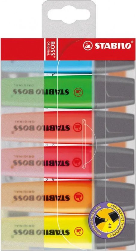STABILO BOSS ORIGINAL verpakking met 6 markeerstiften: lichtblauw, groen, rood, roze, oranje, geel.