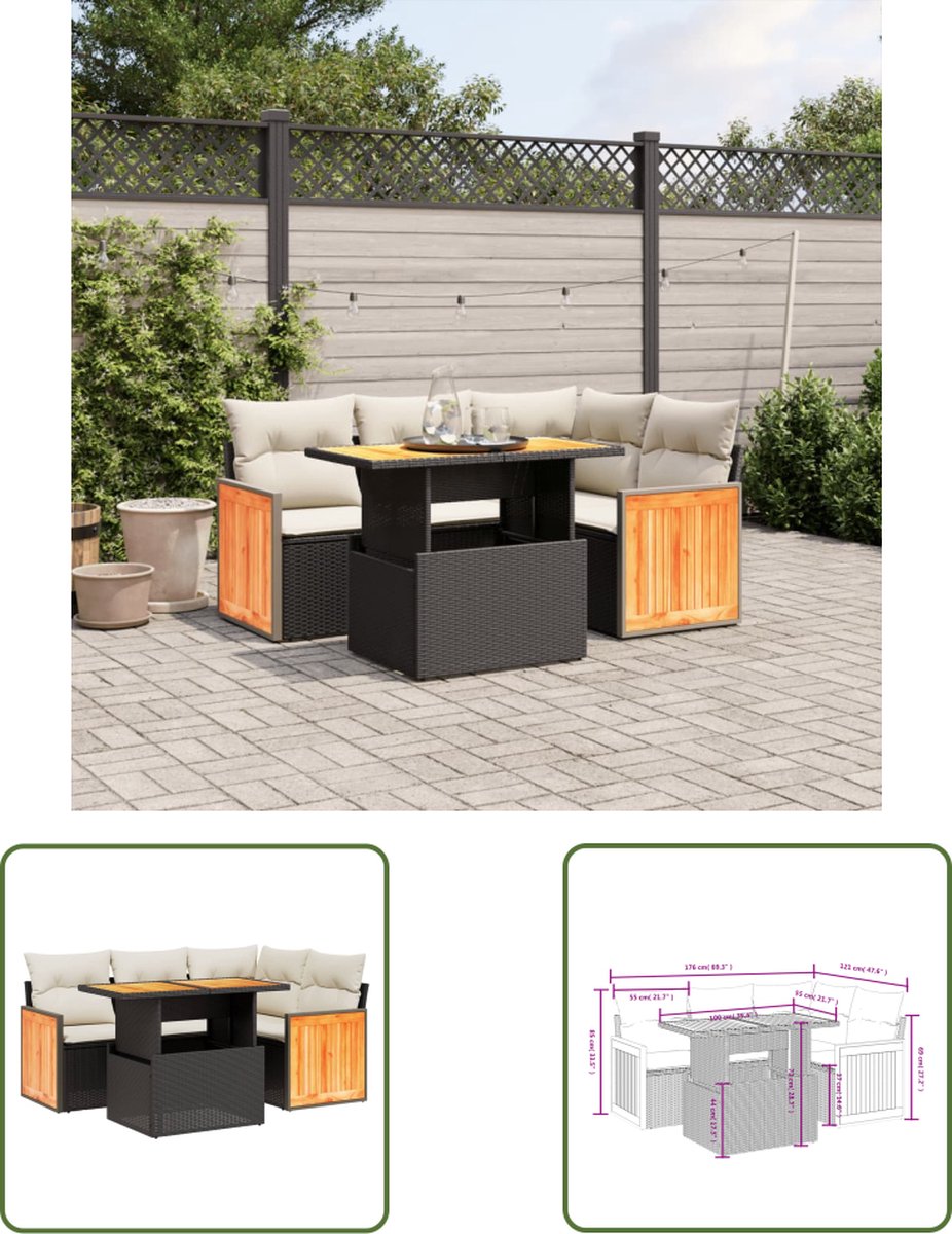 The Living Store 5-delige Loungeset met kussens poly rattan zwart - Tuin Lounge Set - Loungebank - Buitendining - Outdoor Furniture - Veranda Meubel