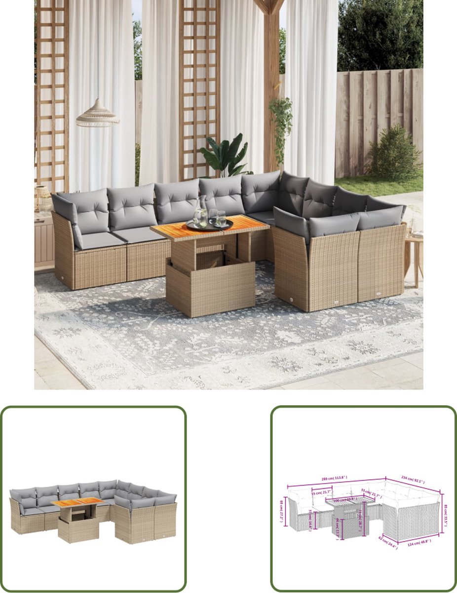 The Living Store 10-delige Loungeset met kussens poly rattan beige - Loungeset - Tuinset - Lounge Bank - Buitendecoratie - Garden Furniture