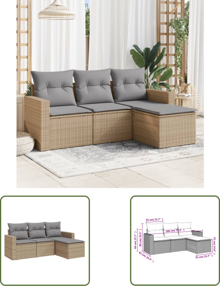 The Living Store 4-delige Loungeset met kussens poly rattan beige - Tuinstoel - Lounge Set - Buitendecoratie - Tuinset - Outdoor Furniture