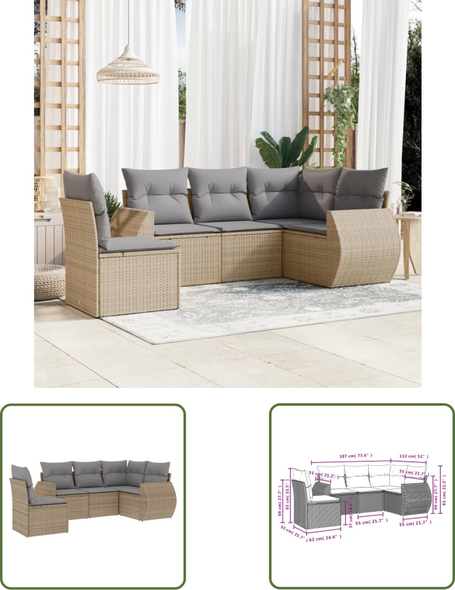 The Living Store 5-delige Loungeset met kussens poly rattan beige - Loungebank - Tuinset - Lounge Set - PE Rattan - Buitendiner