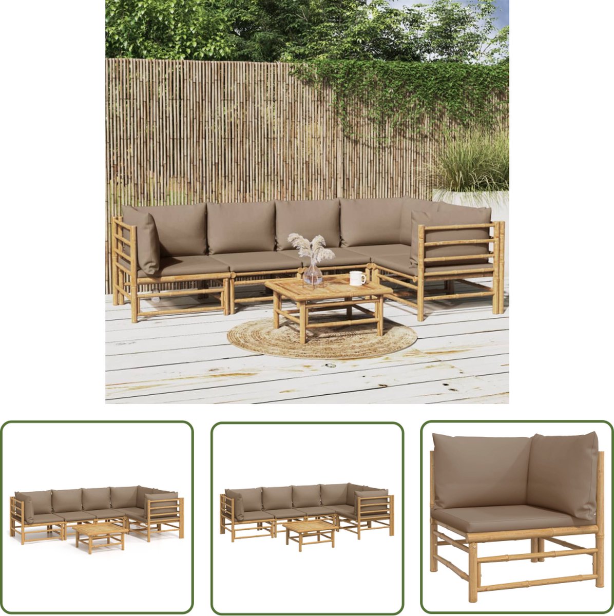 Moderne bamboe loungeset in taupe met kussens voor buitencomfort.